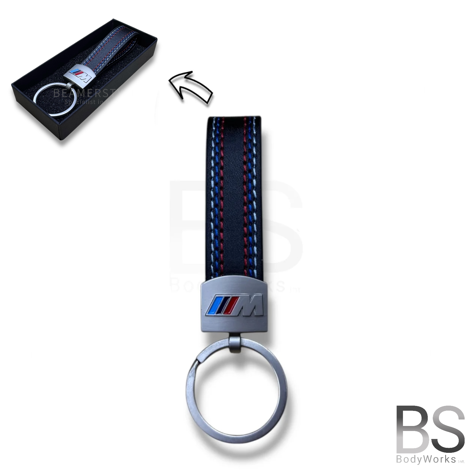 Leather Keychain - BMW M Design - Blue / Red Stitching