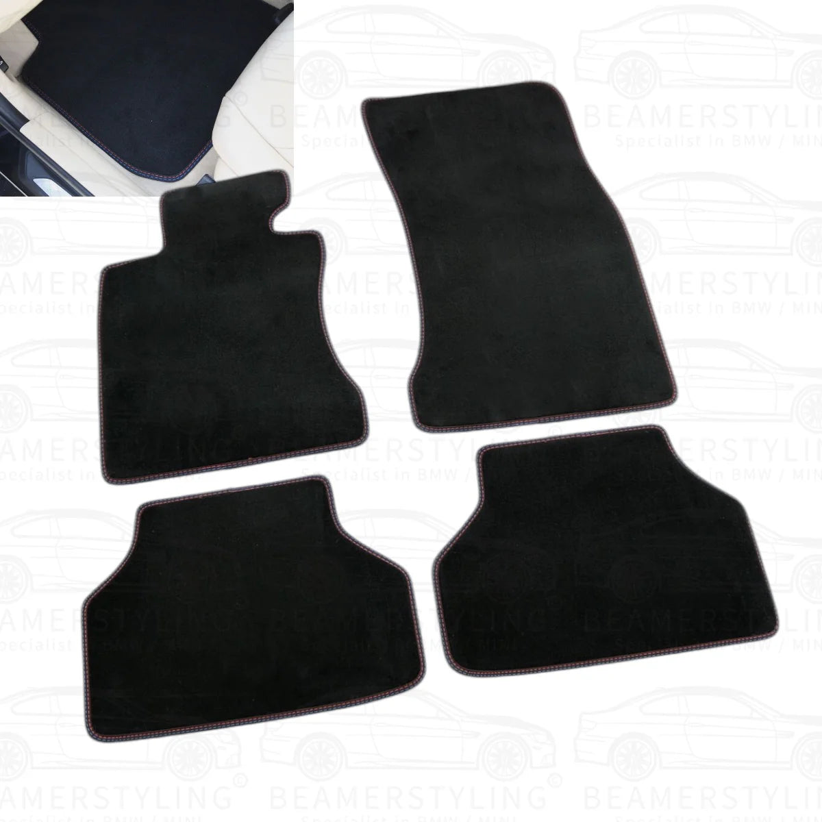 Premium Vloermatten - BMW 3 Serie E46 Sedan / Touring - Blauw/Rode Stiksels - Velours | 1998-2005