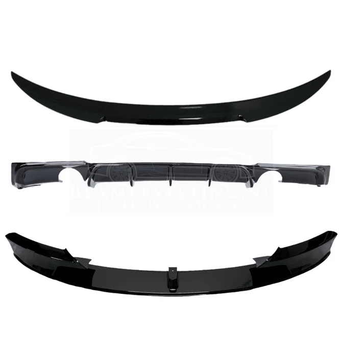 Pakket Deal V7 - BMW F30 | Front Lip - Diffuser - M4 Spoiler | Glanzend Zwart — 335I/340I 1 Uitlaat Links + Rechts - Beamerstyling.nl