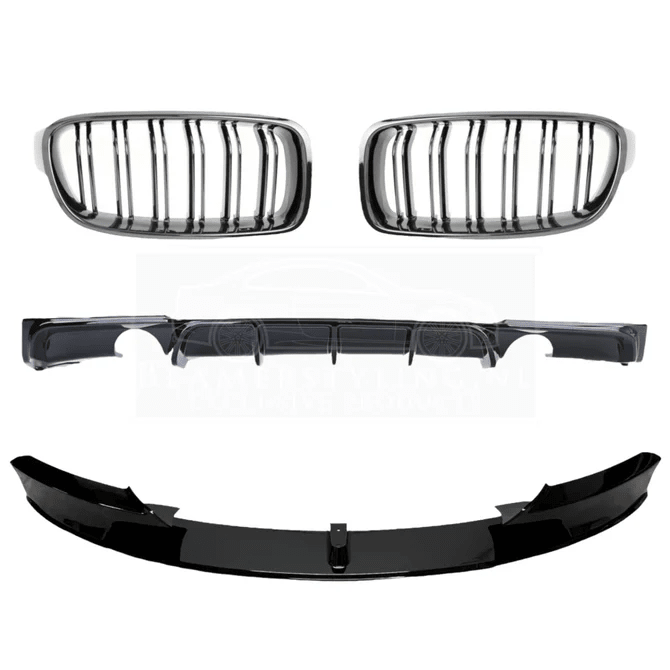 Pakket Deal V8 - BMW F30 / F31 | Diffuser - Front Lip - Nieren | Glanzend Zwart — 335I/340I 1 Uitlaat Links + Rechts - Beamerstyling.nl