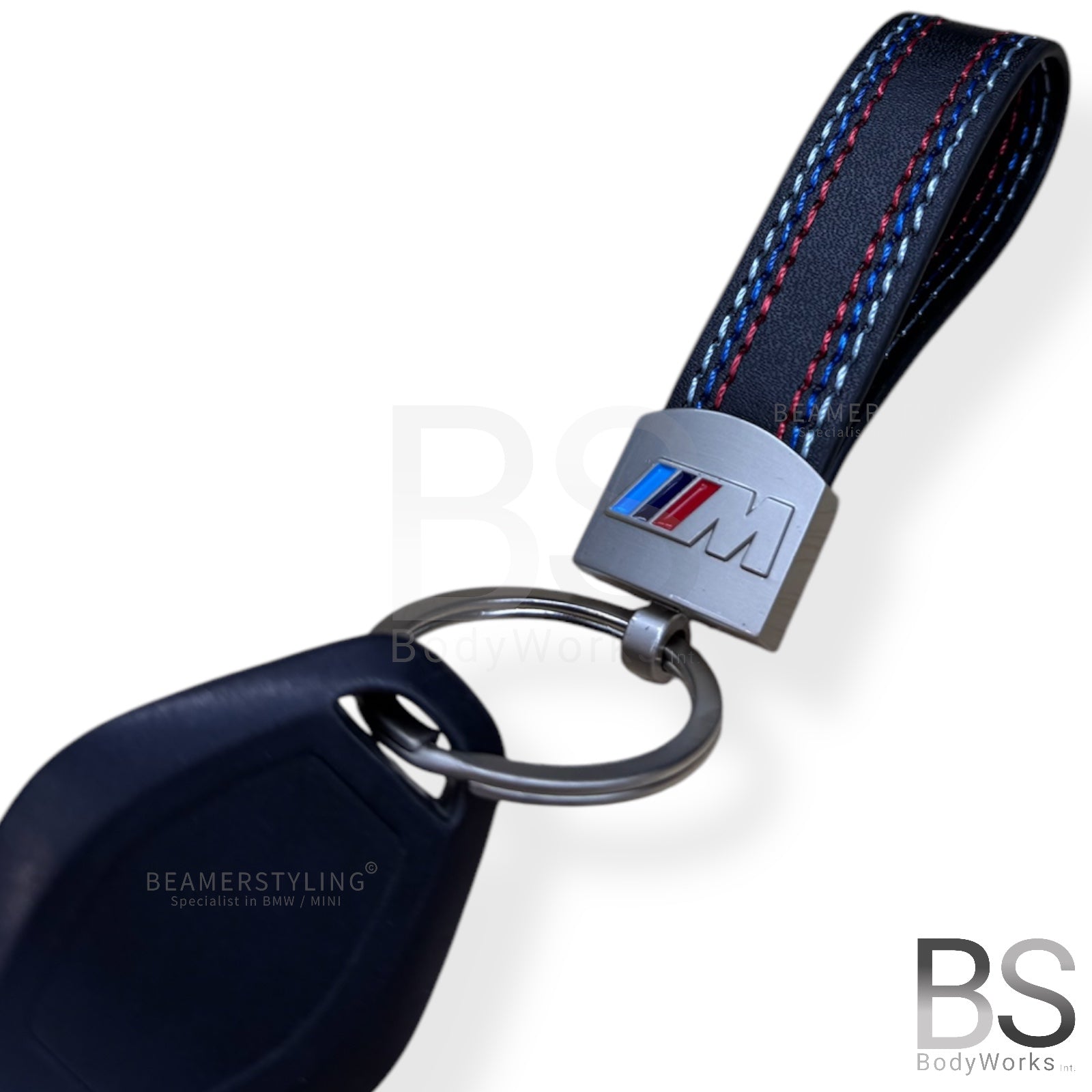 Lederen Sleutelhanger - BMW M Design - Blauw / Rode Stiksels