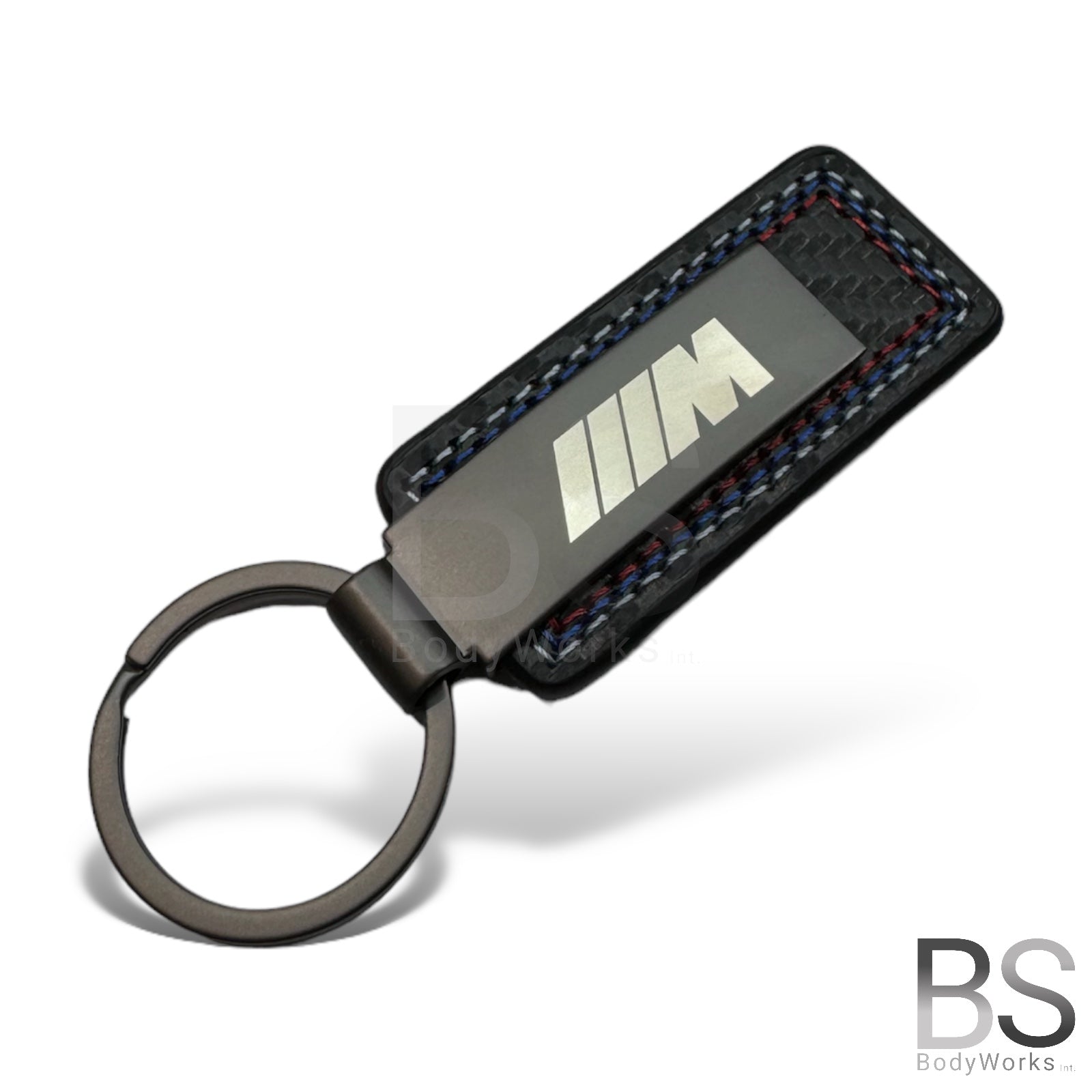 Luxury Keychain - Leather - With M Print - Blue/Red Stitching