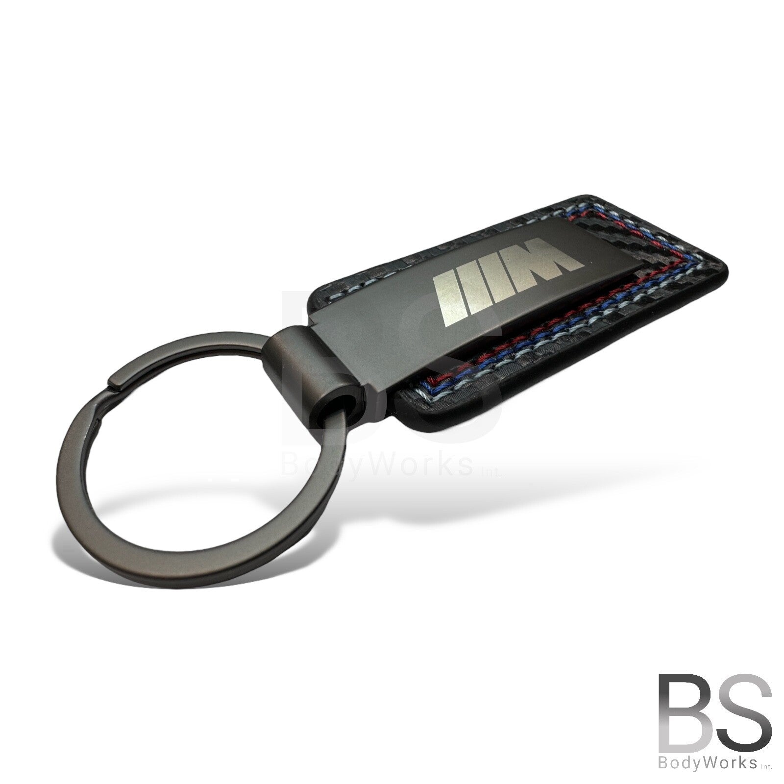 Luxury Keychain - Leather - With M Print - Blue/Red Stitching