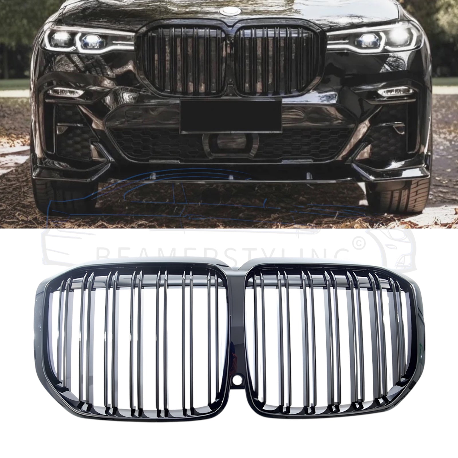 Nieren - BMW X7 G07 - M Look - Met Camera - Hoogglans Zwart | 2019-06/2022