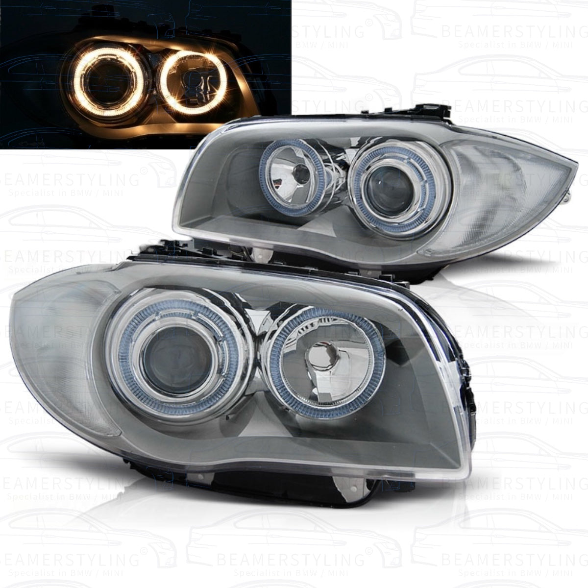 Koplampen Silver - BMW E81 / E87 / E82 / E88 - Halogeen Angel Eyes | 2004-2011