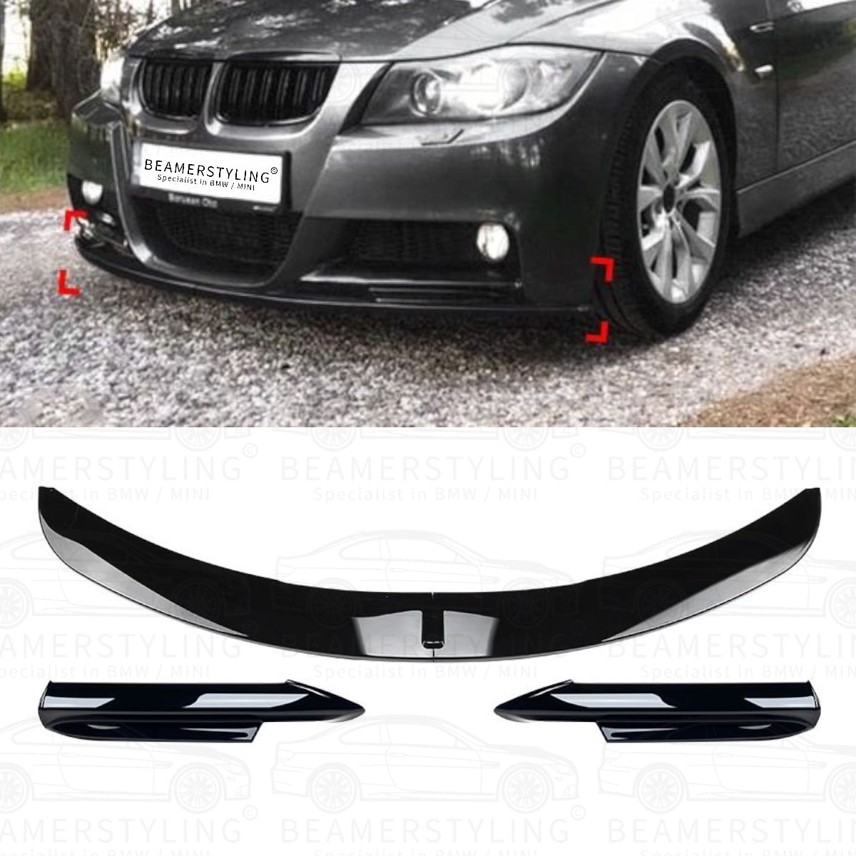 Front Lip - BMW E90 / E91 - Hoogglans Zwart - 4-Delig | 2005-2008