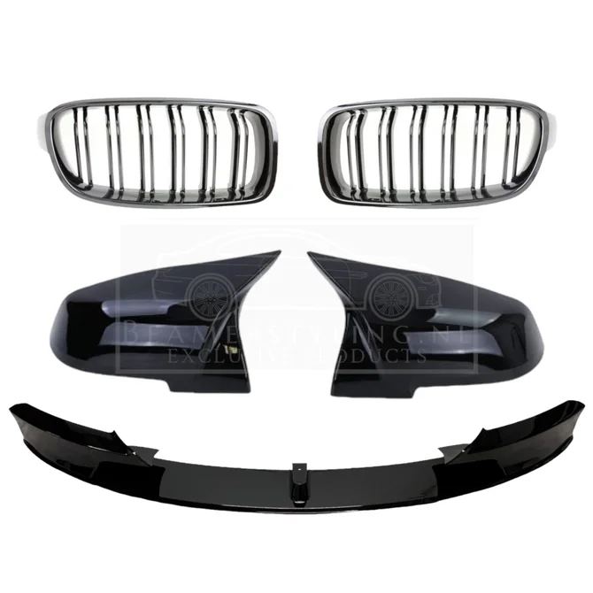 Pakket Deal V5 - BMW F30 / F31 | Front Lip - Nieren - Spiegelkappen | Glanzend Zwart