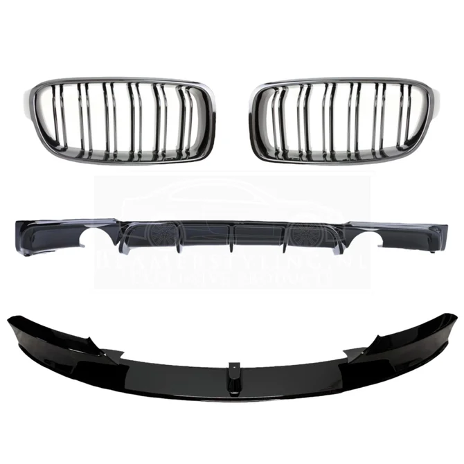 Pakket Deal V8 - BMW F30 / F31 | Diffuser - Front Lip - Nieren | Glanzend Zwart — 335I/340I 1 Uitlaat Links + Rechts