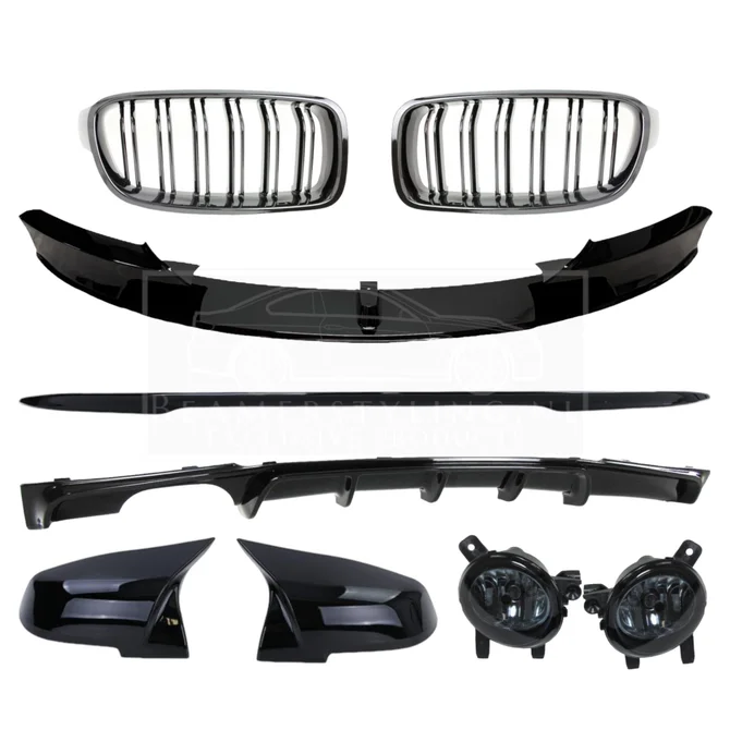 Pakket Deal V2 - BMW F30 | Nieren - Diffuser - Front Lip - Spoiler - Spiegelkappen - Mistlampen | Glanzend Zwart — 2 Uitlaten Links