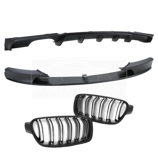 Pakket Deal V3 - BMW F30 / F31 | Diffuser - Front Lip - Nieren | Mat Zwart — 335I/340I 1 Uitlaat Links + Rechts