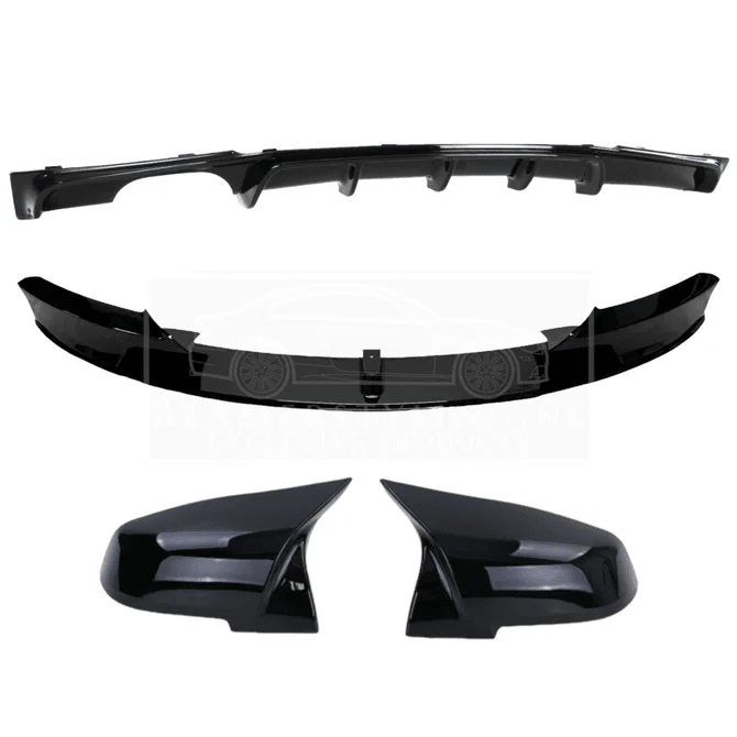 Pakket Deal V1 - BMW F30 / F31 | Diffuser - Front Lip - Spiegelkappen | Glanzend Zwart — 2 Uitlaten Links - Beamerstyling.nl