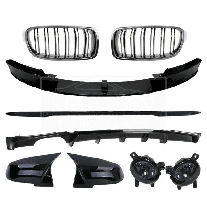 Pakket Deal V2 - BMW F30 | Nieren - Diffuser - Front Lip - Spoiler - Spiegelkappen - Mistlampen | Glanzend Zwart — 2 Uitlaten Links - Beamerstyling.nl