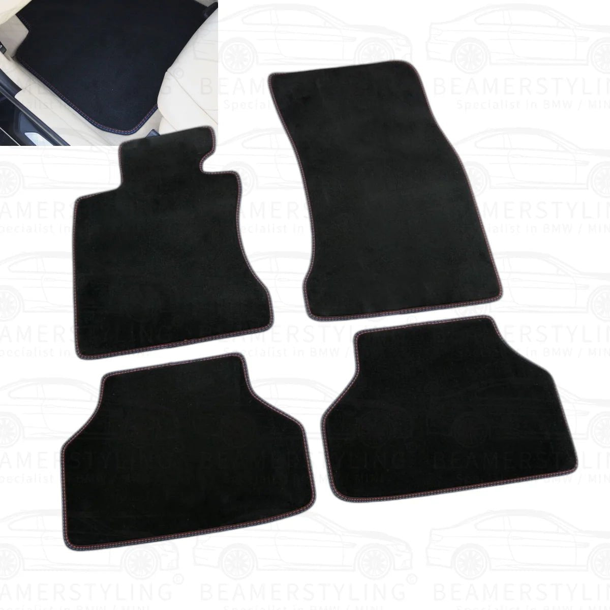 Premium Vloermatten - BMW 3 Serie E46 Sedan / Touring - Blauw/Rode Stiksels - Velours | 1998 - 2005 - Beamerstyling.nl