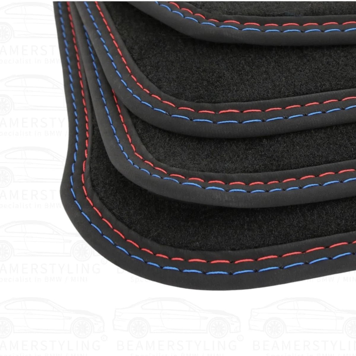 Premium Vloermatten - BMW 3 Serie E46 Sedan / Touring - Blauw/Rode Stiksels - Velours | 1998 - 2005 - Beamerstyling.nl